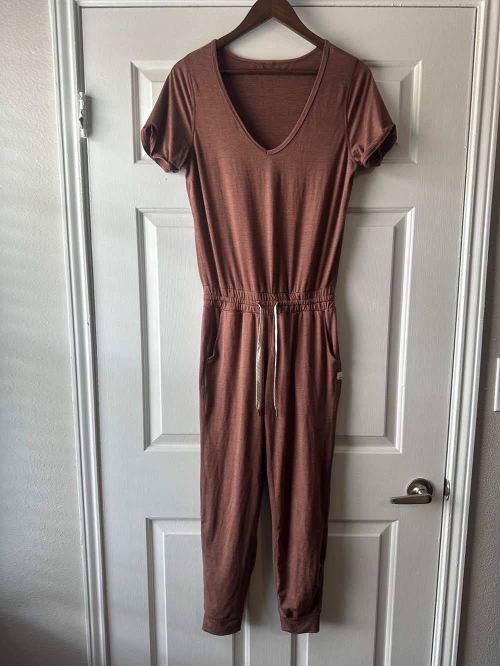 Vuori Lux Short Sleeve Drawstring Jumpsuit in Russet / Terracotta